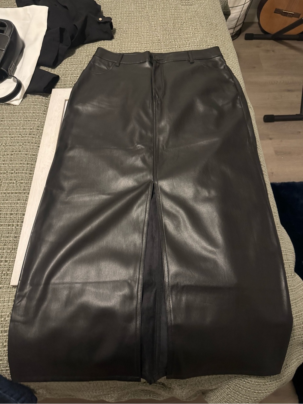 Haute Monde Black Faux Leather Midi Skirt with Front Slit